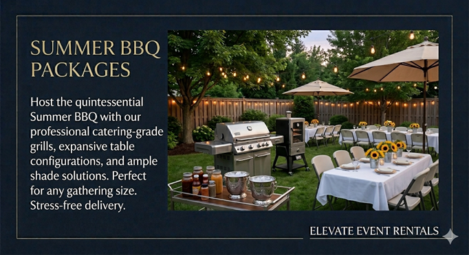 An outdoor summer BBQ setup featuring a professional grill, tables with white tablecloths, chairs, and decorative sunflowers. Soft string lights hang above in a backyard setting.