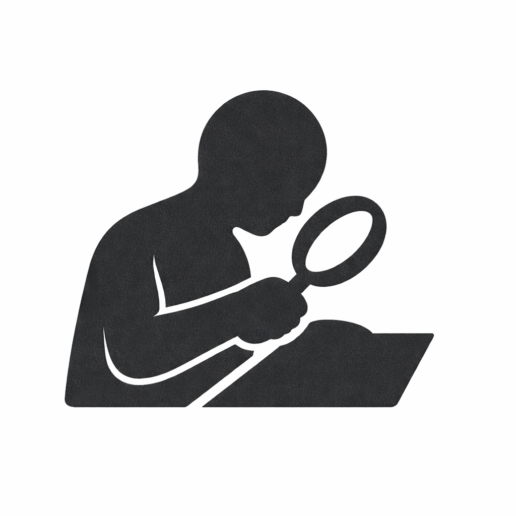 Silhouette of a person using a magnifying glass to examine a book.
