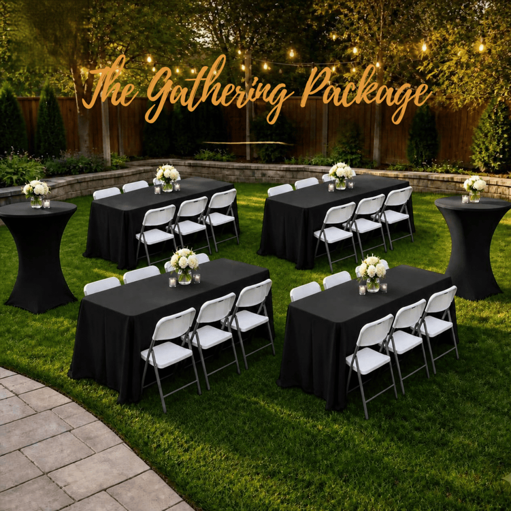Outdoor event setting featuring multiple tables with black tablecloths and white chairs, decorated with floral centerpieces. The words 'The Gathering Package' are displayed above.