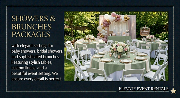 Outdoor setup for events featuring elegantly arranged tables and chairs, decorative linens, floral centerpieces, and a backdrop with balloons for baby showers, bridal showers, and brunches.