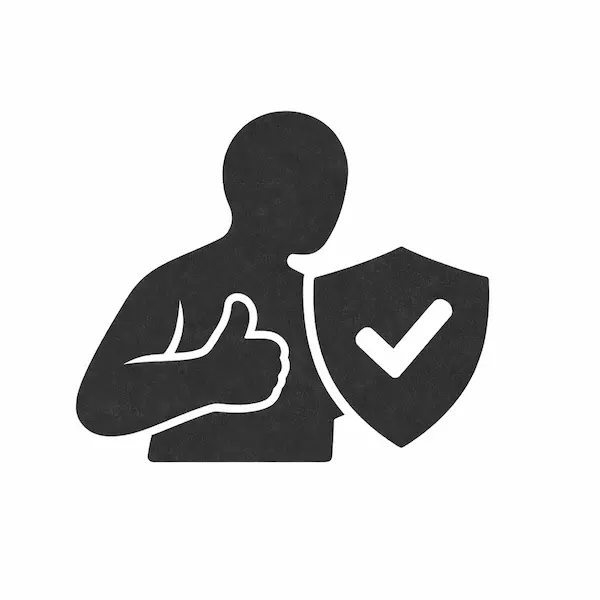 Silhouette of a person giving a thumbs up next to a shield with a check mark, symbolizing approval and security.